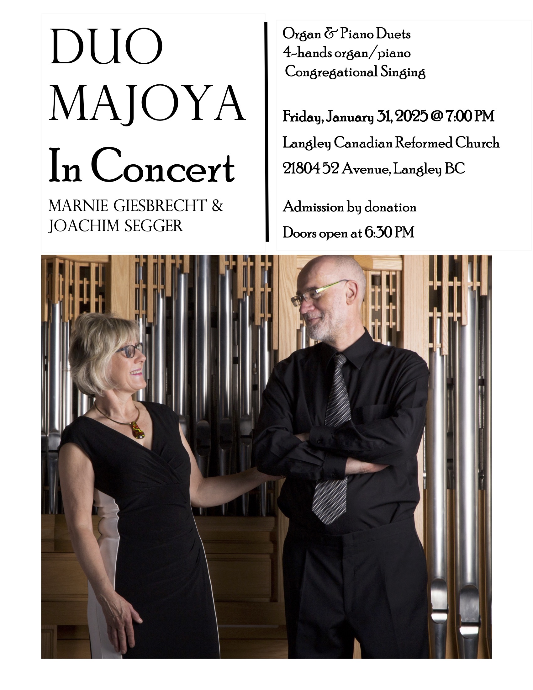 Cancelled due to snow: Duo Majoya in concert: Canadian Suite Celebrations tour - organ and piano duets @ Langley Canadian Reformed Church