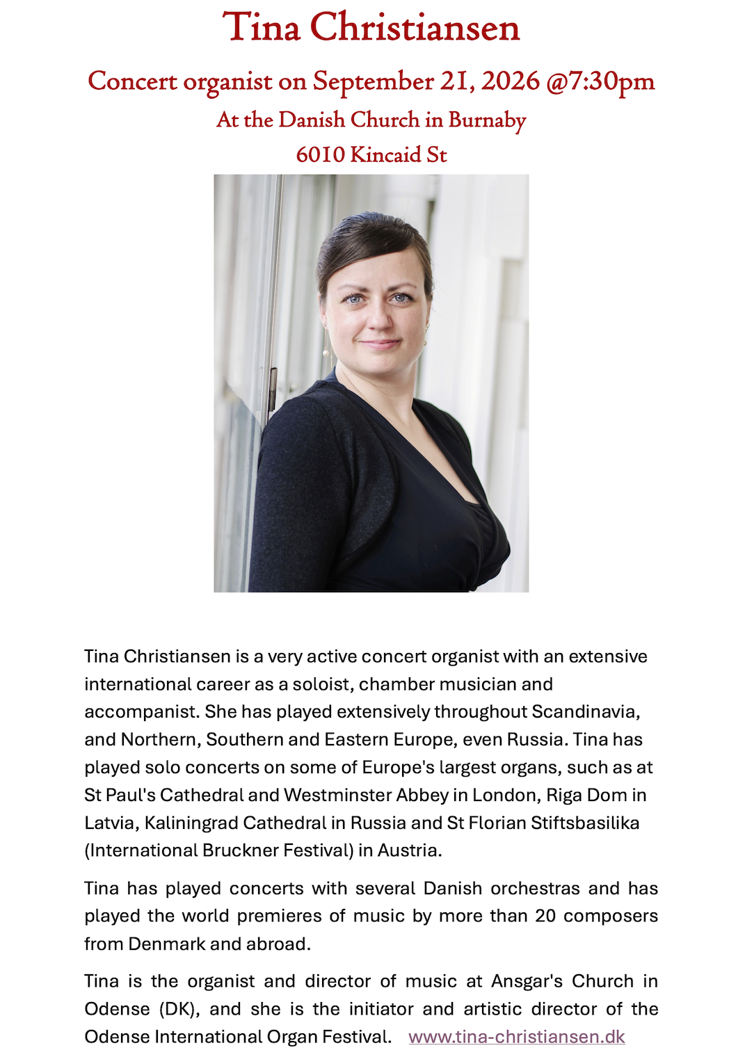 Organist Tina Christiansen in concert at the Danish Lutheran Church @ Dansih Lutheran Church